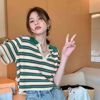 Daxingzhepolo Cổ Áo Len Sọc Nữ Slim-fit Ôm Hơn Nhìn Ngắn Tay
