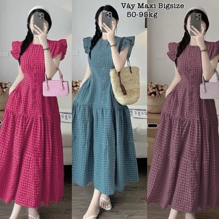 Váy Maxi Kẻ Caro Xòe Eo Chun Vải Thô Đũi Cao Cấp Có Bigsize Giá Rẻ Dễ Thương Thanh Lịch Đi Biển Hot Hit Đủ Size 50-95kg