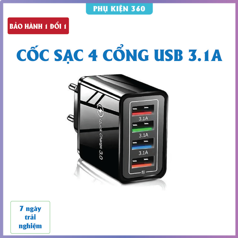 Củ sạc nhanh 4 cổng USB 3.1A, Củ sạc điện thoại 4 cổng, Cốc sạc nhanh 4 USB, Củ sạc đa năng 4 cổng