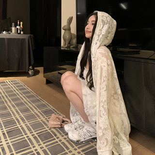 Áo khoác cardigan dài tay mỏng mùa hè có mũ ren cho phụ nữ, áo khoác rộng rãi, thoải mái cho phòng điều hòa mùa hè, trang phục nữ V250313005