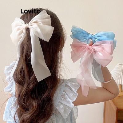 Lovito Preppy Kẹp Tóc Đồng Bằng Nơ Lưới Tính Khí Ngọt Ngào Ruy Băng Mùa Xuân Kẹp Tóc Cho Nữ LFA06177  (Trắng / Hồng / Xanh)