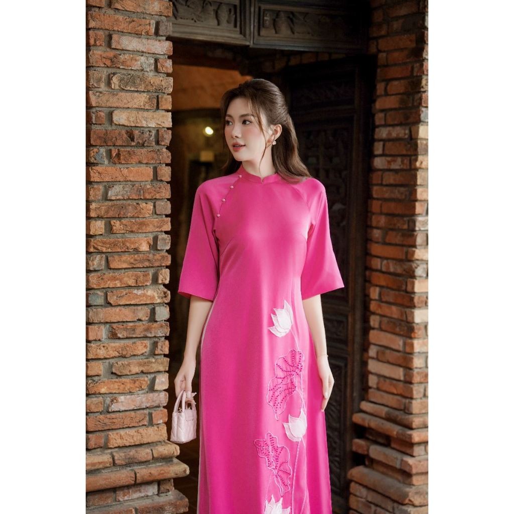 Áo dài tay lỡ thêu đính hoa sen AD201