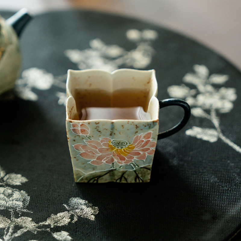Blue White Flint Red Ceramic Tea Cup Creative Pure Hand-Painted Golden Branch Pink Lotus Handle Cup 