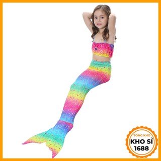 Đồ bơi quần áo tắm nàng tiên cá in mầu sắc cầu vồng đi biển cho bé gái từ 4 đến 10 tuổi (CHƯA KÈM CHÂN VỊT)  E82