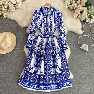 Thời Trang Nữ Vintage Thanh Lịch In Hình Tiệc Nghỉ Xuân Thu Cổ Lật Dài Tay Đơn Ngực Cao Cấp Ôm Chữ A Xếp Ly Áo