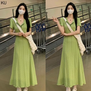 M-4xl Size Béo mm Plus Size Nữ Mùa Hè Váy Dài Phong Cách Pháp Thiết Kế Tính Khí Cảm Giác Màu Xanh Lá Cây Tay Ngắn Nữ Mùa Hè Tay Ngắn Giữa Chiều Dài Thể Hiện