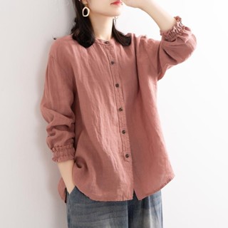 Văn Học Retro Mùa Xuân Thu Cotton Vải Lanh Áo Sơ Mi Nữ Rời Cổ Tròn Áo Khoác Áo Khoác Cổ Tay Áo Top Nữ
