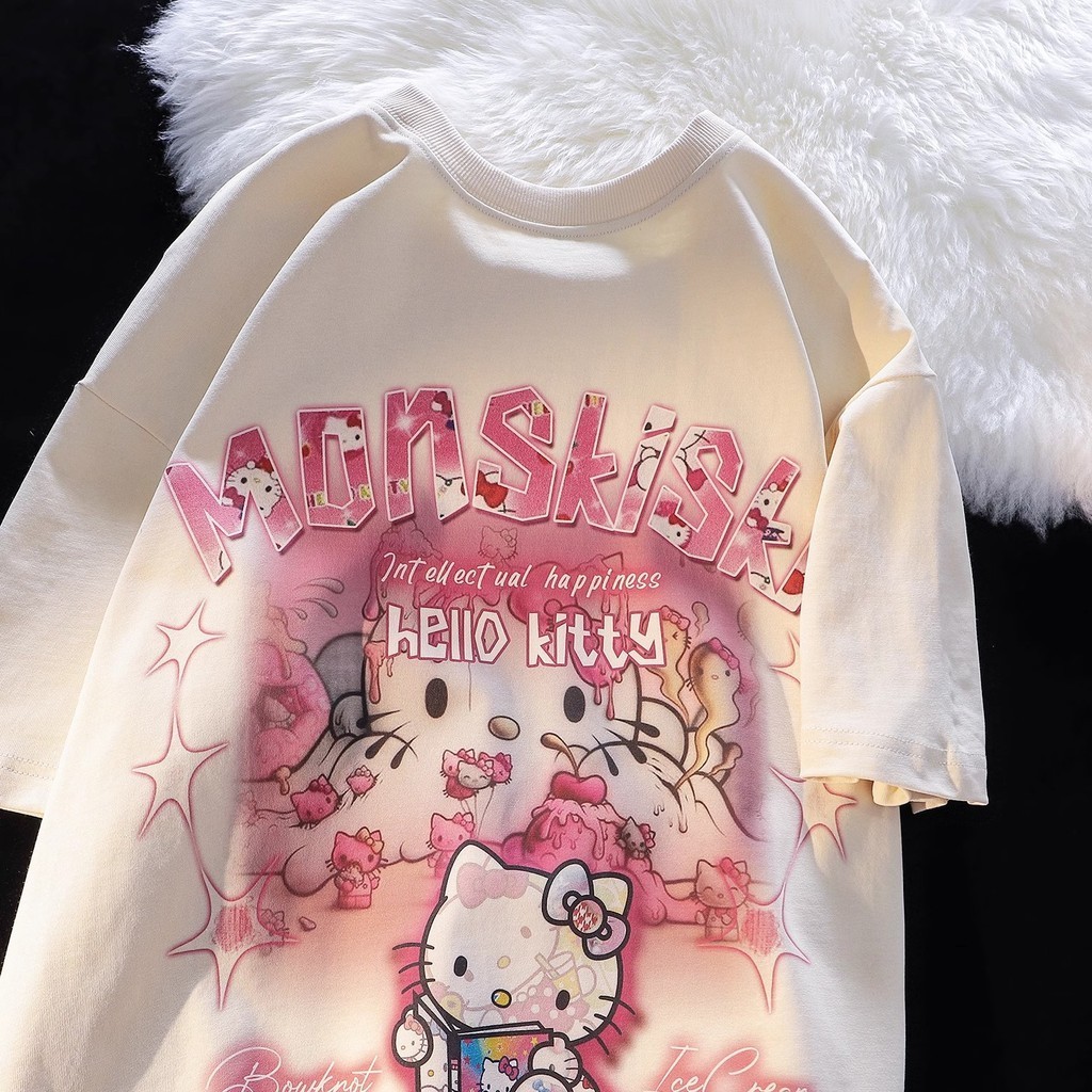 Áo phông nữ Màu kem form rộng mùa hè local brand SALMO cổ tròn áo thun in hình cute Hello Kitty 100% cotton Y1159