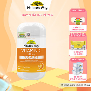 Viên Nhai Vitamin C 500mg Nature's Way Sugarless Bổ Sung Vitamin C Tăng Cường Miễn Dịch, Hỗ Trợ Làm Sáng Da Hộp 90 Viên