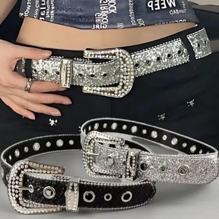 Thắt lưng kim cương giả sáng Y2K - Dành cho đai Jeans Cowboy phương Tây - Dây đeo PU có khóa kim loại dành cho nữ - Thắt lưng da Diamond Bling Ins Punk - Dây thắt lưng đinh tán Goth thời trang cho bé gái