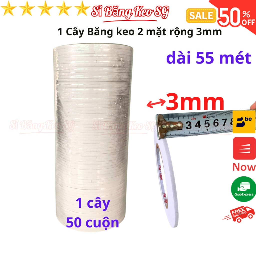 SKU95 - Băng keo 2 mặt trắng rộng 3mm, dài 55 mét, lõi giấy 3mm, 1 cây 50 cuộn, giá tại xưởng