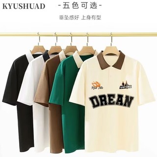 Kyushuad Nam Tay Ngắn Mỹ Retro Waffle Ve Áo In Hình Cặp Đôi Áo Sơ Mi Polo Rời Áo Thun