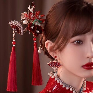 Phụ kiện tóc đỏ cô dâu kẹp tóc kẹp tóc lông cừu đỏ hoa tua rua phụ kiện tóc
