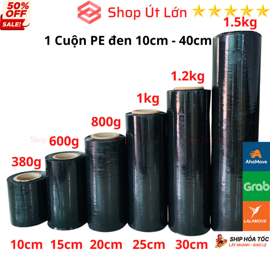 Cuộn Màng PE Đen 10cm - 15cm - 20cm - 25cm - 30cm - 40cm, nặng 380g-1.5kg, màng pe bọc hàng hoá - Shop Út Lớn