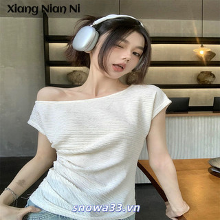 Xiang Nian Ni Nữ Xếp Ly Xương Đòn lệch Vai Tay Ngắn Mùa Hè Phong Cách Hàn Quốc lệch Vai Pure Desire Slim Fit Slim Fit Đa Năng Top