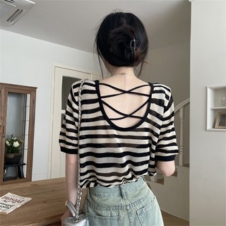 Mùa hè Mới Cổ Tròn Mùa Hè Áo Thun Nữ Tay Ngắn Phong Cách Thường Ngày Sọc Đa Năng Áo Thun Nữ
