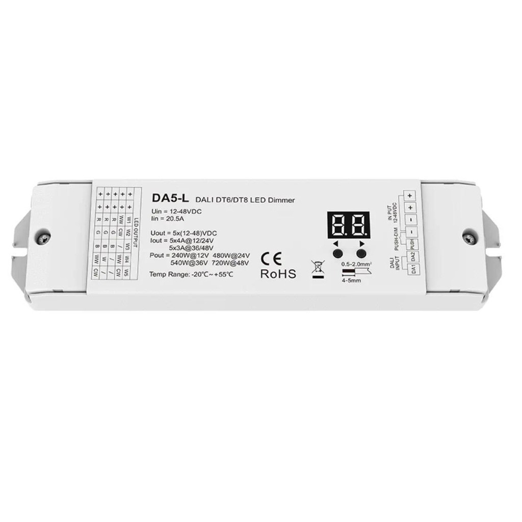 Bộ điều khiển LED 5CH * 4A 12V-48VDC CV DALI 5 kênh 24V Điện áp không đổi DA5-L (DT6 / DT8) cho băng
