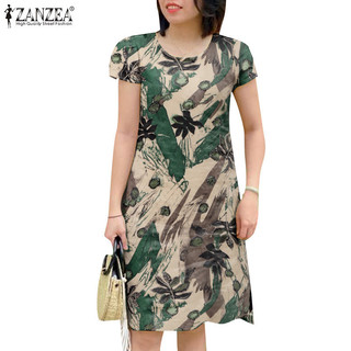 Zanzea Nữ Vintage Hàng Ngày In Hoa Ngắn Tay Dài Đầu Gối Váy