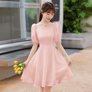 Plus Size Nữ Mùa Hè Phong Cách Mới Thiết Kế Mỏng Hơn Nhìn Tính Khí Pháp Nhẹ Nhàng Phong Cách Hồng Cổ Vuông Puff Tay Đầm 3JLN