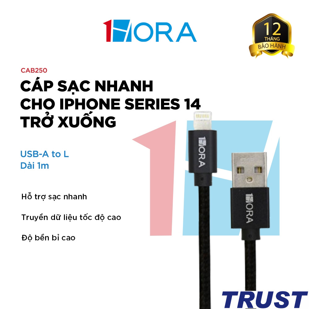 Dây cáp sạc nhanh 1HORA CAB250 USB-A to L - dài 1m - Chính Hãng