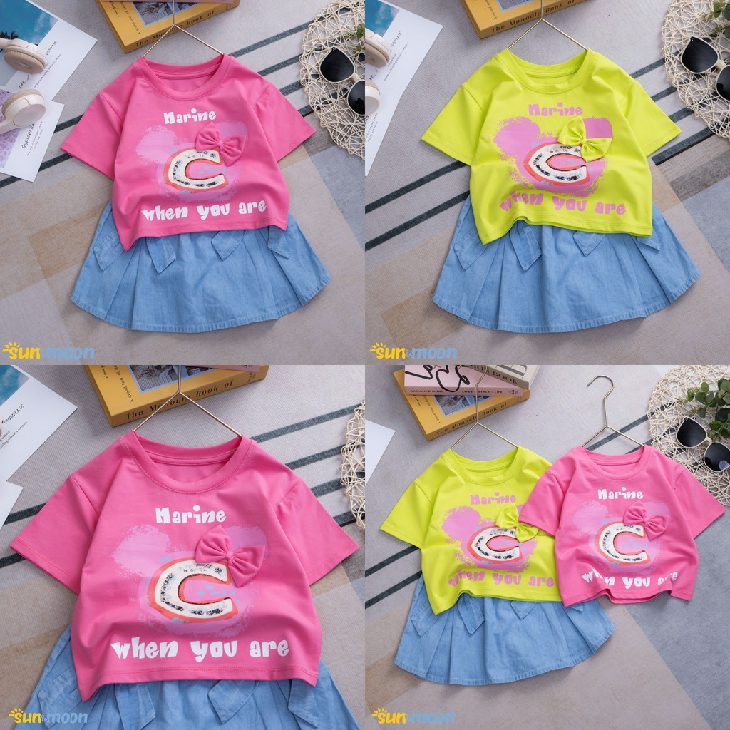 [BBkidsvn] Set áo thun phối nơ kết hợp chân váy jean xếp ly bé gái 12kg - 37kg