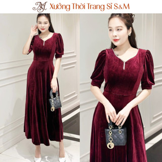 Đầm nhung dự tiệc trung niên tặng mẹ đính dây đá, form dài, tay phồng - GR0296 (Hình thật shop chụp)