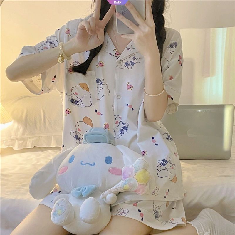Bộ đồ ngủ Nhật Bản dành cho nữ Áo len mùa hè Sweet Sanrio Cinnamoroll Bộ đồ dài tay ngắn dễ thương [RAIN]
