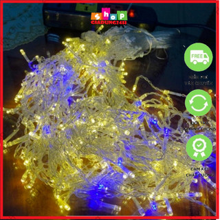 Led nháy rủ dài 12m rủ 60cm vàng điểm chớp xanh, Nhày rèm rủ 12m vàng điểm xanh dương