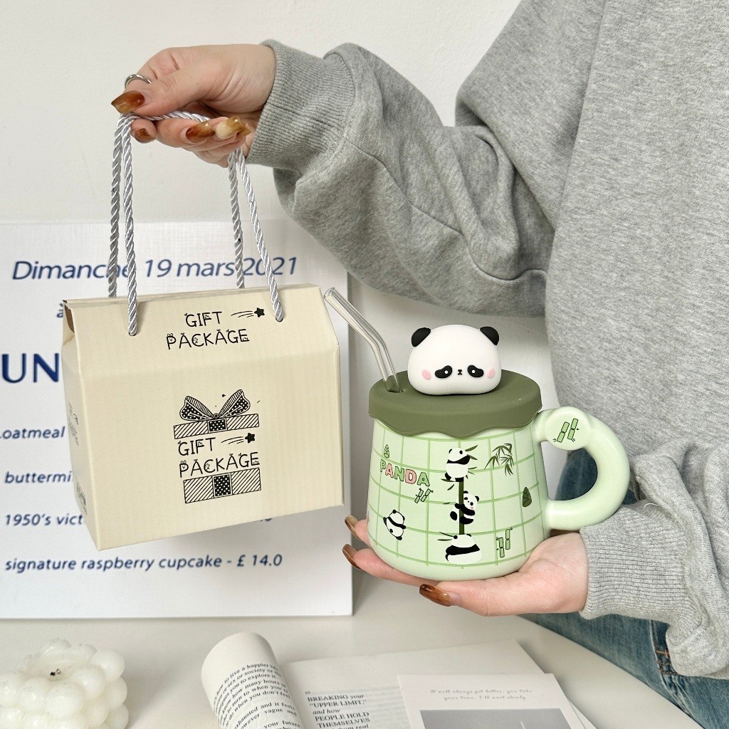  Ly uống nước,Ly cốc sứ hình gấu trúc dễ thương làm quà sinh nhật quà tặng 400ml+Kèm ống hút thuỷ tinh XMB 