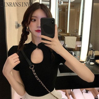 Sinransinya Pure lust phong cách rỗng gợi cảm vai phải áo thun ngắn tay dành cho nữ thiết kế mùa hè kín đáo bên trong ngắn hàng đầu