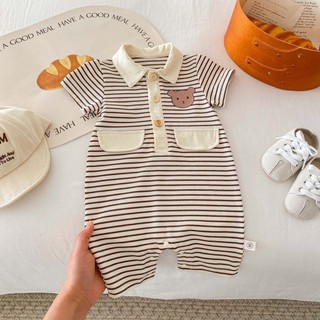 Mùa Hè 2024 Trẻ Em polo Cổ Sọc Tay Ngắn ins Hoạt Hình Gấu Jumpsuit Romper Bé Trai Áo Liền Quần Thời Trang