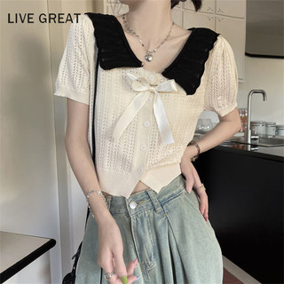 LIVE GREATÁo len dệt kim ngắn tay dệt kim cho bé cổ búp bê rỗng áo len dệt kim ngắn tay có ve áo ngắn phong cách đại học hàng đầu