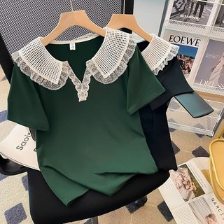 Plus Size Nữ Áo thun ngắn tay phong cách Hàn Quốc Áo ren trơn thời trang