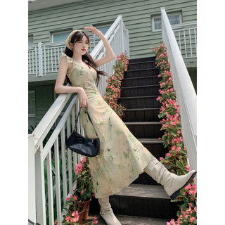 2024 Phong Cách Mới Bướm Dreamland In Hình Sling Váy Dài Nữ Pháp Slim fit Cao Cấp Tay Bay Nhỏ Váy Xanh Mỏng In Hình Váy Dài Mùa Hè Mỏng Đi Biển Trượt Tuyết