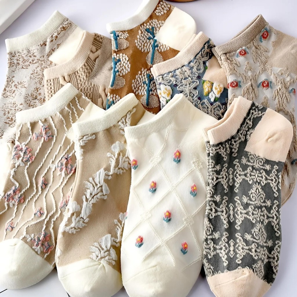 Set 9 đôi tất nữ thoáng khí thêu hoa, combo 9 đôi tât thấp cổ đa dạng phong cách Jinx2