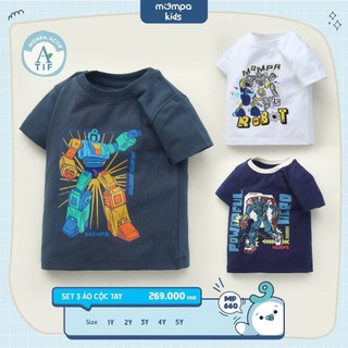 Áo cộc tay cho bé Mompa Set 3 chiếc từ 1 đến 5 tuổi vải Cotton Actif mềm mại thấm hút 660