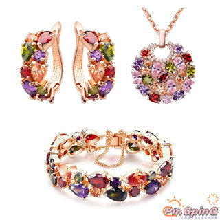 2024 hấp dẫn!! 3 cái / bộ nữ cưới cô dâu thời trang nhiều màu sắc zircon trang sức bộ đá quý nhân tạo vòng cổ bông tai vòng tay