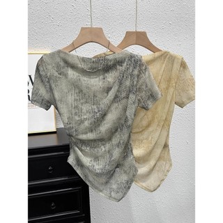 Mực Smudge Phong Cách Áo Thun Tay Ngắn Gợi Cảm Một Vai Skinny Ôm Hơn Nhìn Nhỏ Áo Sơ Mi Sang Trọng