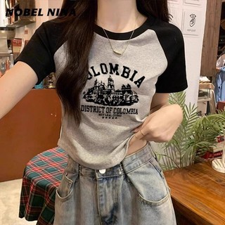 Áo thun ngắn tay màu sắc tương phản cổ điển kiểu Mỹ dành cho nữ mùa hè Hot Girl Niche Chic in hình độc đáo Áo ngắn mỏng
