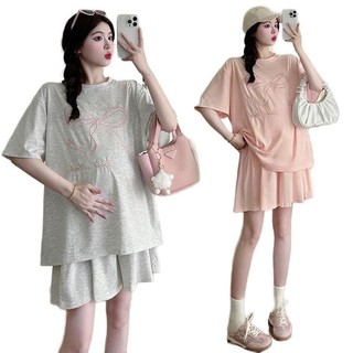 Bộ đùi BẦU MAMADRESS có THÊU NƠ XINH thiết kế COTTON THÁI mềm mại mặc nhà đi chơi tiện lợi dễ mặc B46