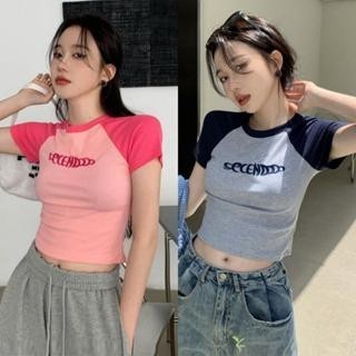 Áo thun ôm body nữ Cổ Tròn Tay Ngắn gợi cảm Hàn Quốc Retro hồng Áo thun Nữ tee