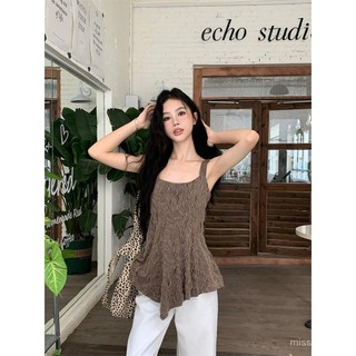 Sling Không Tay Mỏng Phù Hợp Với Màu Cà Phê Áo Retro Rách Gợi Cảm Mùa Hè Thiết Kế Hàng Đầu Cảm Thấy Cô Gái Nóng Nữ Mặc Ngoài Phong Cách Ngắn 0XRI