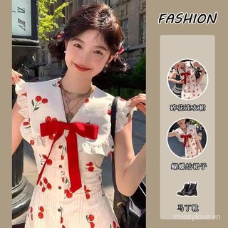 Eo hẹp Kỳ Nghỉ Mùa Hè Pháp Trắng Cổ Chữ v Nơ Nhẹ Nhàng Váy Ngắn Nữ Dễ Thương Ôm Hơn Nhìn Ngọt Cay 8FGN