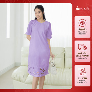  - Váy Đầm Vải Linen Lót Cotton Cổ Tròn Tay Ngắn Phom Suông Ôm Thêu 3D Đục Khoét Lỗ Độc Lạ Công Sở - D10773