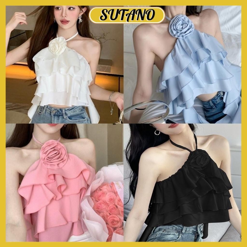 áo yếm đính hoa xếp tầng hở lưng sexy áo kiểu nữ tiểu thư voan nơ bèo tầng nữ tính có mút ngực A451 SUTANO