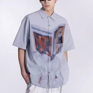 Trail Echo Áo Sơ Mi Nam In Hình Mùa Hè Mới Hàn Quốc Retro Niche Thiết Kế Gấp Cổ Áo Tay Ngắn