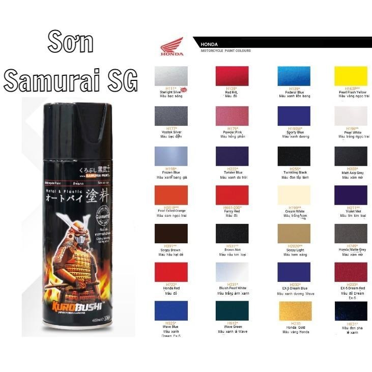 Sơn xịt samurai chính hãng đủ màu chuyên dùng cho xe máy và ô tô, nhà cửaSơn Xịt Chuyên Dụng Cho Xe Máy Ô Tô Nhà Cửa Vật