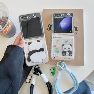 Ốp điện thoại hình gấu trúc dễ thương hoạt hình cho Samsung Galaxy z Flip 4 5 3 z Flip5 Flip4 5G Vỏ điện thoại cứng Fold3 4 5 6 Vỏ nhựa gập lại có dây đeo cổ tay