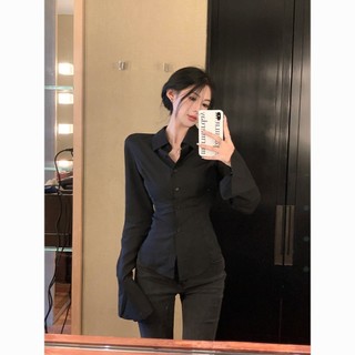 Hot Girl Filigree-Áo Sơ Mi Gà Pháp Skinny Nữ Đen Top Phối Ren Ngoài Mặc Mùa Xuân Thu Áo Sơ Mi Tay loe hẹp BZSE