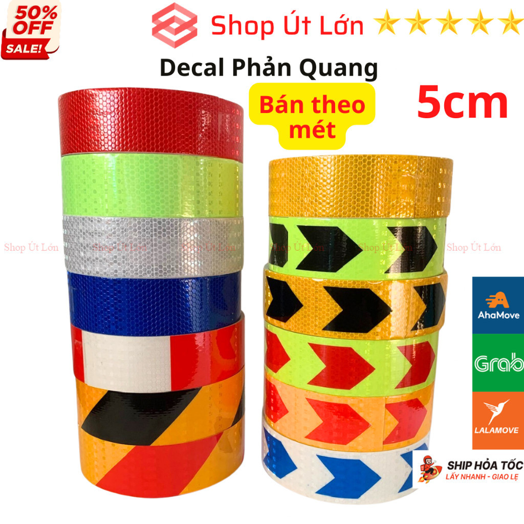 [13 Mẫu] Decal phản quang nhiều Mẫu Mã màu sắt đa dạng 5cm, băng keo phản quang bán theo mét - Shop 